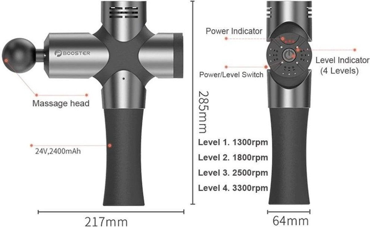 BOOSTER Pro 3 Massage Apparaat – 2 jaar garantie - 1300 tot 3300 rpm - 4 standen - Heel stil - Massage Gun - Rug Massage – Schouder Massage – Nek Massage – Sport Massage – Klopmassage - Triggerpoint - Zelf Massage