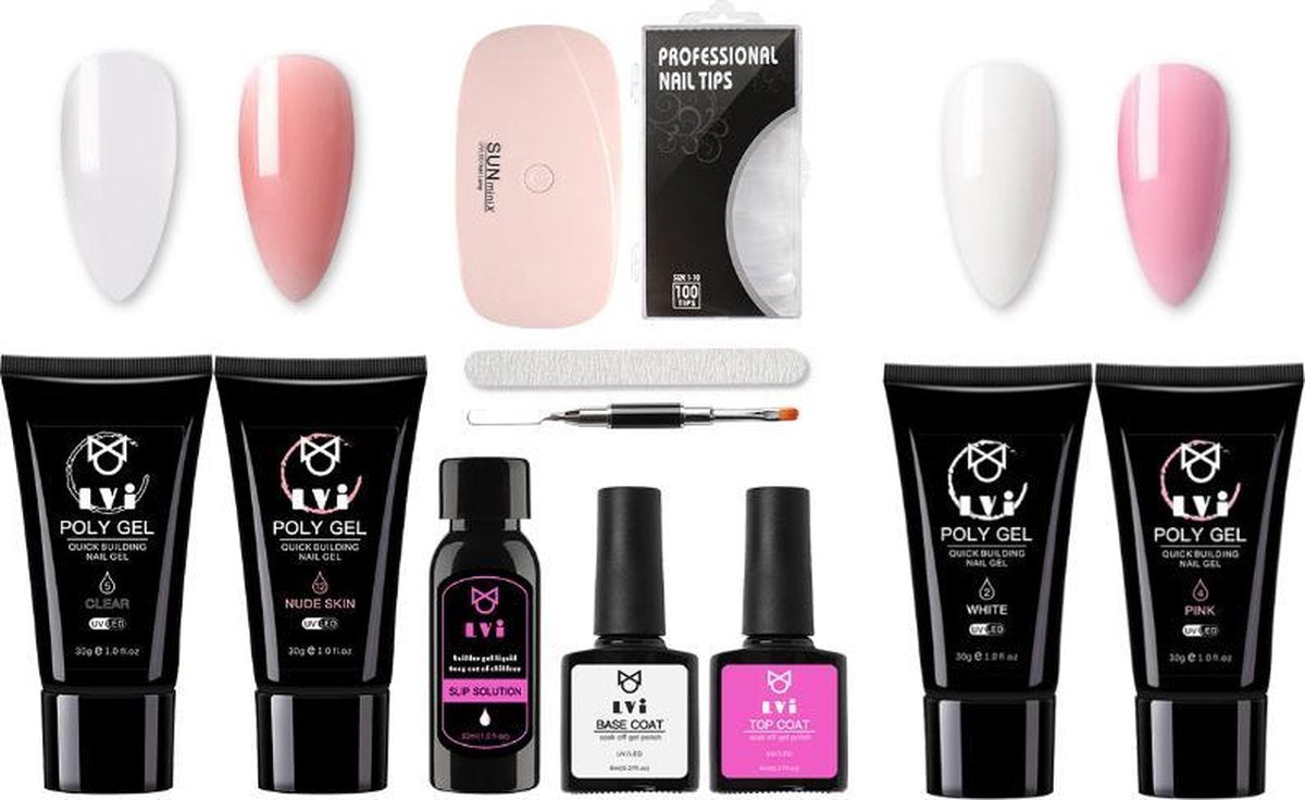 Elvi Polygel 120g Starterskit - Complete set inc. USB UV/Led mini lamp - Polygel  Roze - Wit - Clear - Nude skin 4x30 gr. tubes