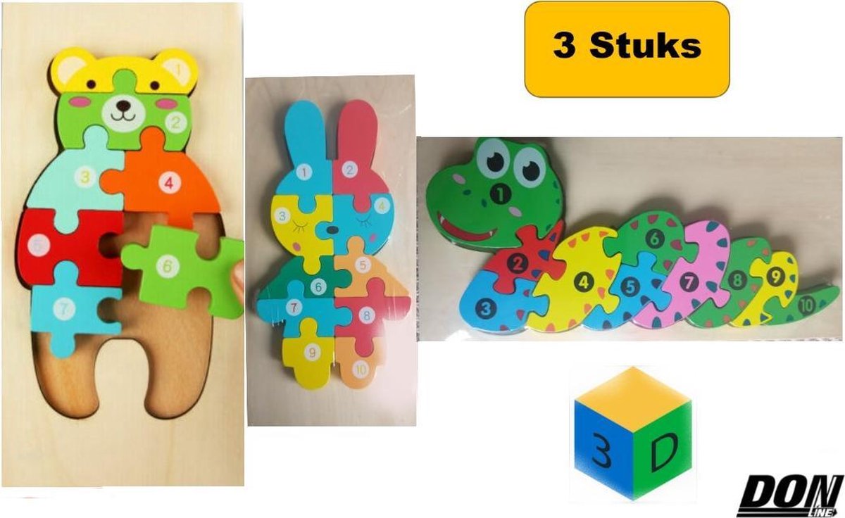 3D Puzzel Dieren - Montessori Speelgoed - 3 x 3D Dieren Puzzel - Slang
