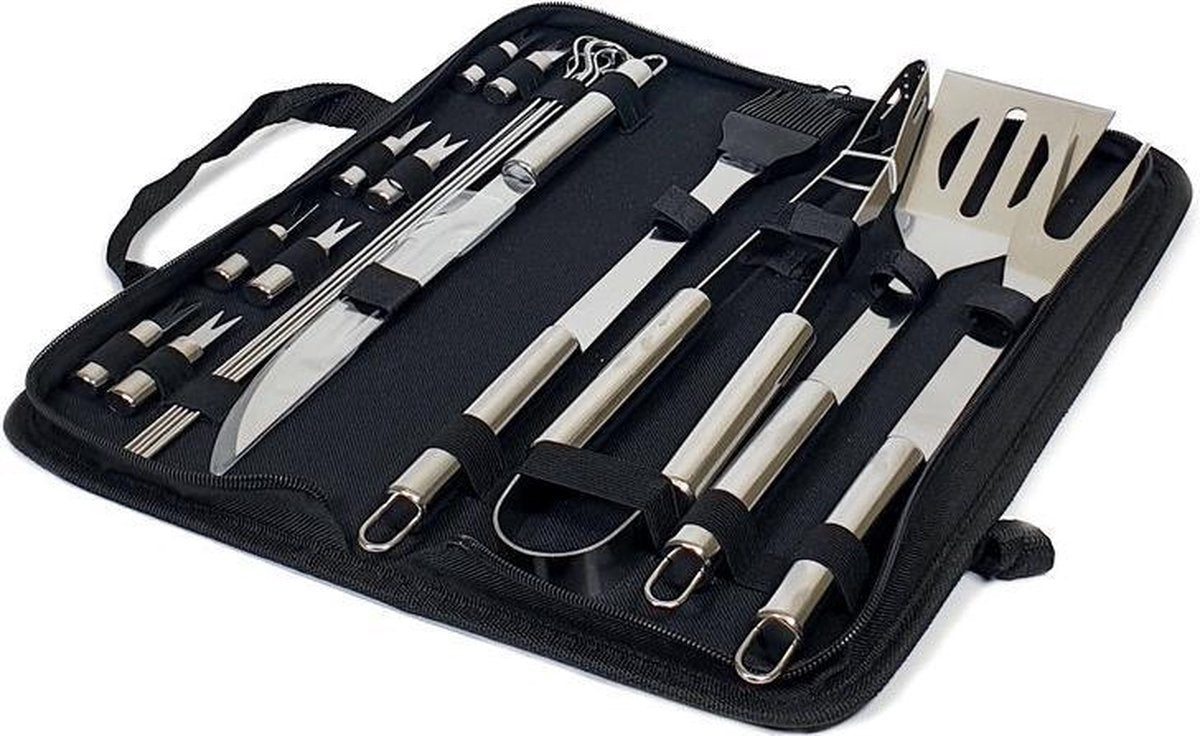 Krumble 18-delige barbecue set - Roestvrijstalen BBQ set van 18 - Inclusief handige opbergtas - BBQ accessoires - Vleesmes - Mes - Barbecue gereedschap - RVS