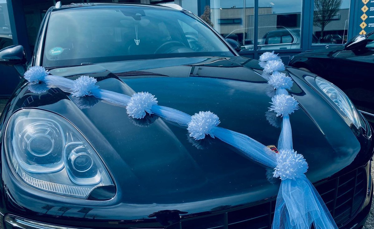 Autodeco.nl -ESTELA Auto Versiering Bruiloft - Trouwauto Decoratie Wit Lint - Autodecoratie - Witte Bloemen & Tule - Motorkap Versiering - Autobloemstuk Bruiloft - Bloemen op de Auto - Bloemen op de Motorkap - Tule Lint met 9 Bloemen - Autolinten