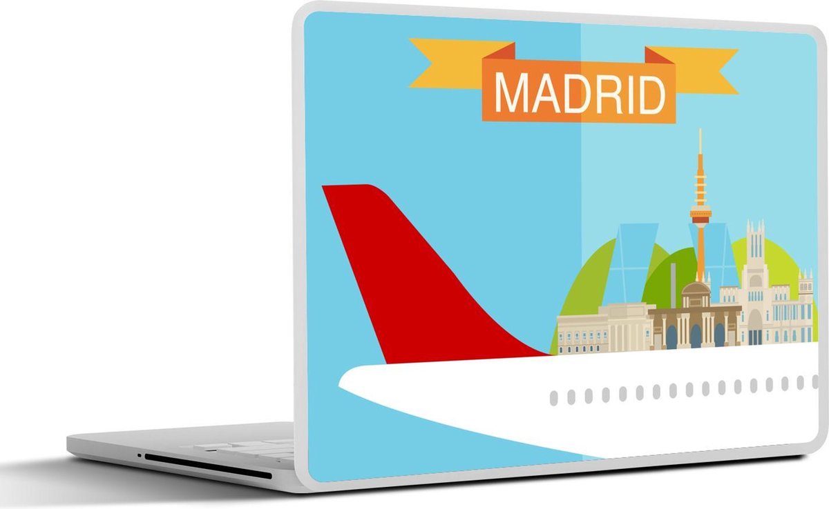 Laptop sticker - 10.1 inch - Illustratie van een vliegtuig met bezienswaardigheden uit Madrid