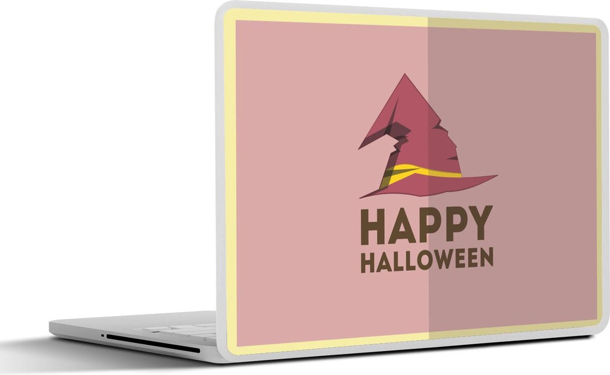 Laptop sticker - 10.1 inch - 'Happy Halloween' met een heksenhoed op een rode achtergrond