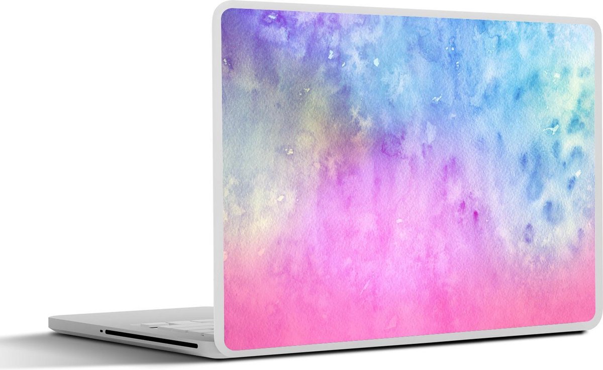Laptop sticker - 10.1 inch - Abstract kunstwerk gemaakt met waterverf en roze met blauwe en gele kleuren