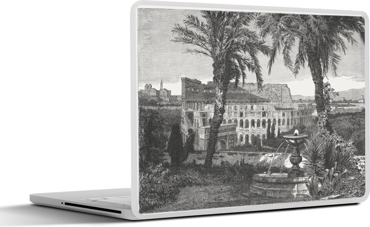 Laptop sticker - 10.1 inch - Illustratie van het uitzicht op het Colosseum achter palmbomen