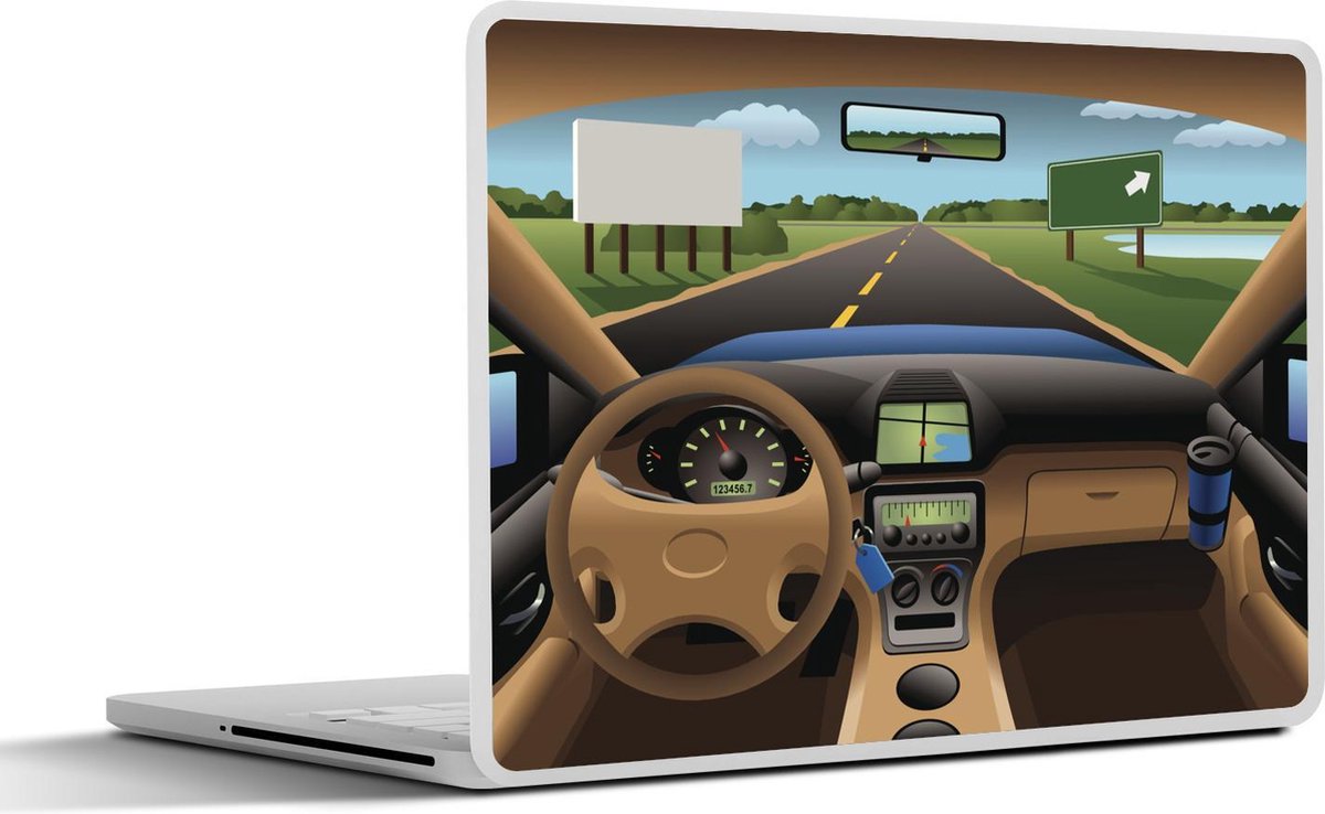 Laptop sticker - 10.1 inch - Illustratie van het dashboard in een auto op de weg