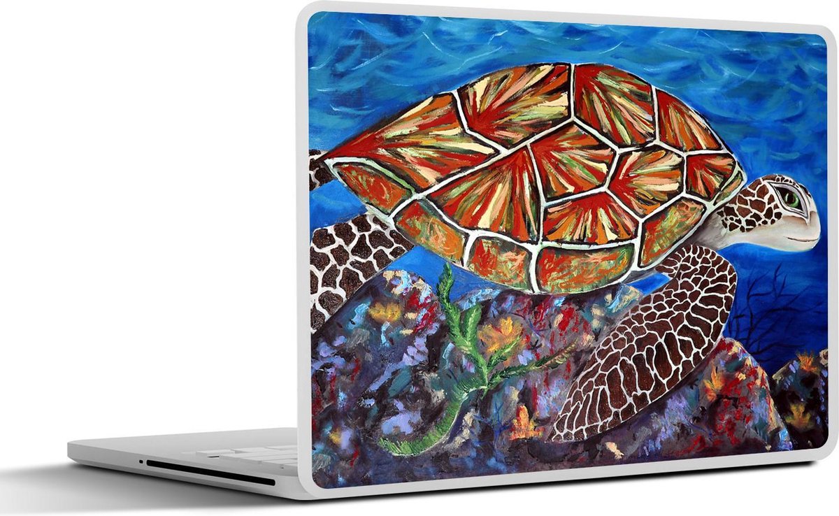 Laptop sticker - 10.1 inch - Illustratie van een zeeschildpad in de oceaan