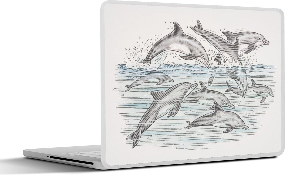 Laptop sticker - 10.1 inch - Illustratie van een groep dolfijnen in het water