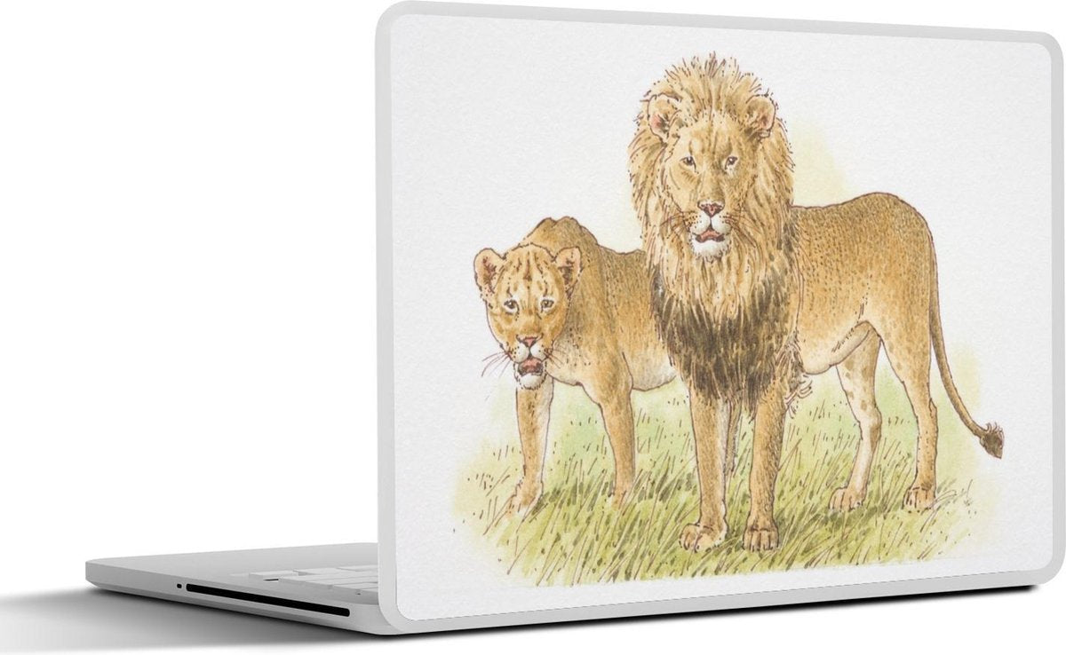 Laptop sticker - 10.1 inch - Illustratie van een leeuwin en een Berberleeuw