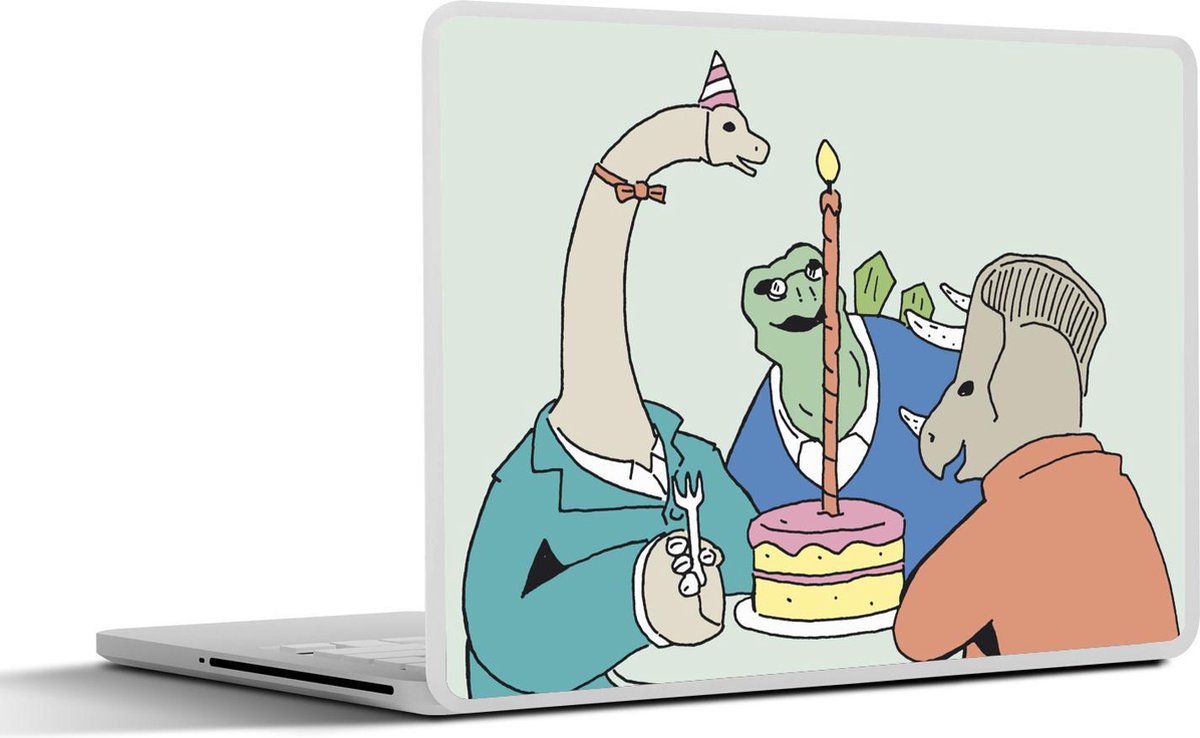 Laptop sticker - 10.1 inch - Absurde illustratie dinosaurussen met verjaardagstaart