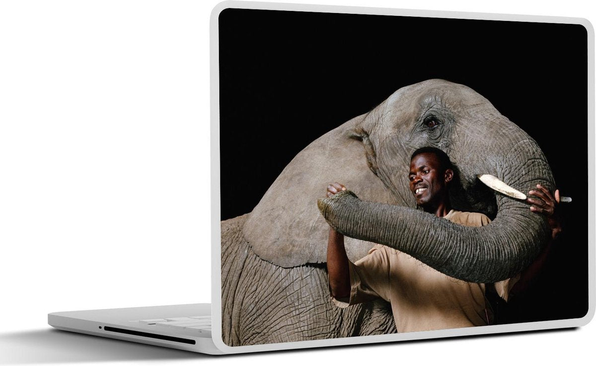 Laptop sticker - 10.1 inch -  een man en een olifant op een zwarte achtergrond