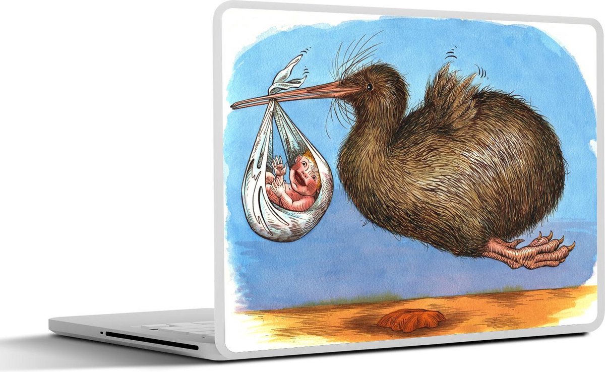 Laptop sticker - 10.1 inch - Illustratie van een kiwi vogel met een baby in de snavel