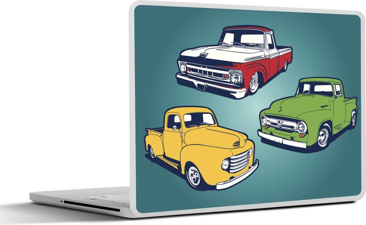 Laptop sticker - 10.1 inch - Illustraties van klassieke auto's voor een blauwe achtergrond