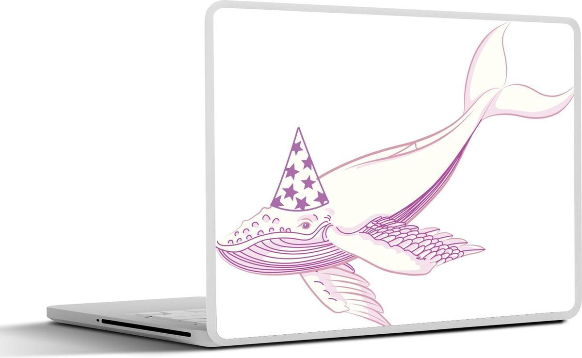 Laptop sticker - 10.1 inch - Illustratie van een roze bultrug met een feestmuts