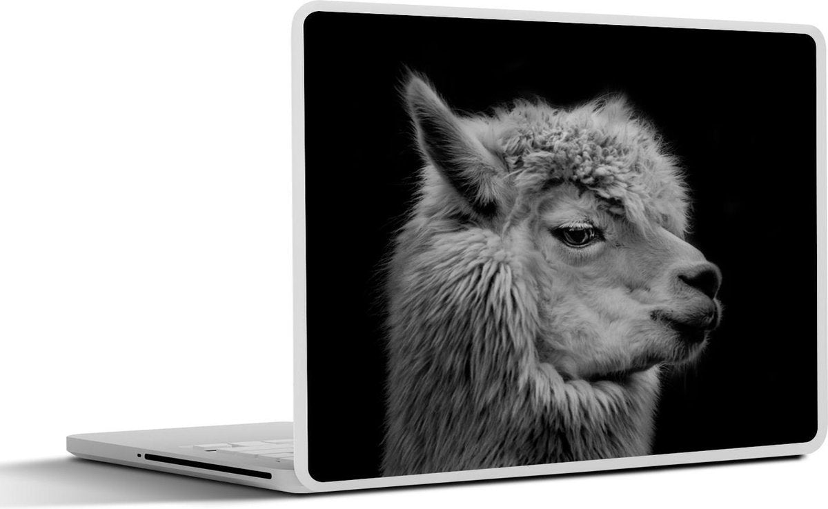 Laptop sticker - 10.1 inch - Alpaca op zwarte achtergrond in zwart-wit