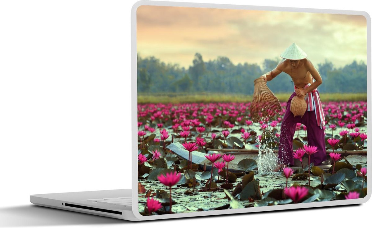 Laptop sticker - 10.1 inch - Inheemse visser in een lotusveld