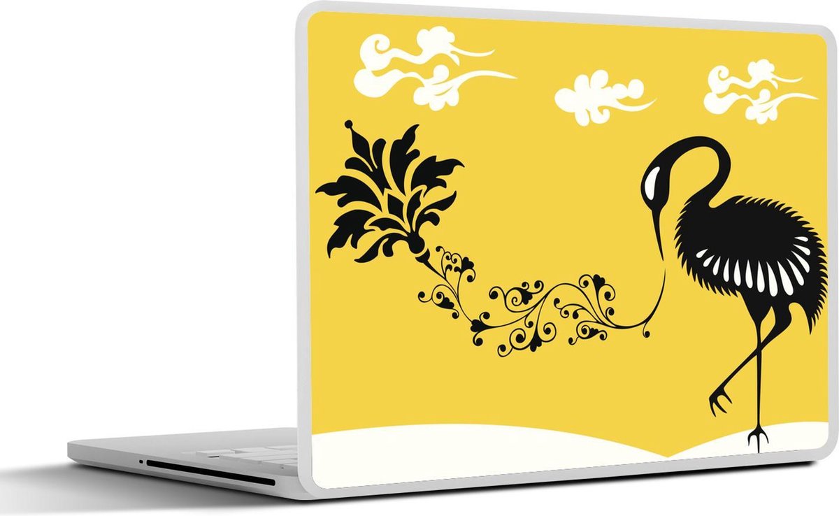 Laptop sticker - 10.1 inch - Illustratie van een zwarte Chinese kraanvogel op een gele achtergrond