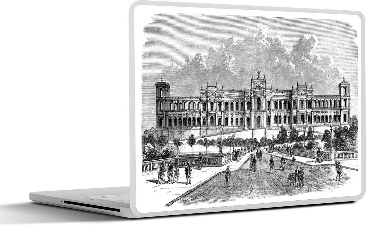 Laptop sticker - 10.1 inch - Illustratie van een gebouw in München in zwart-wit