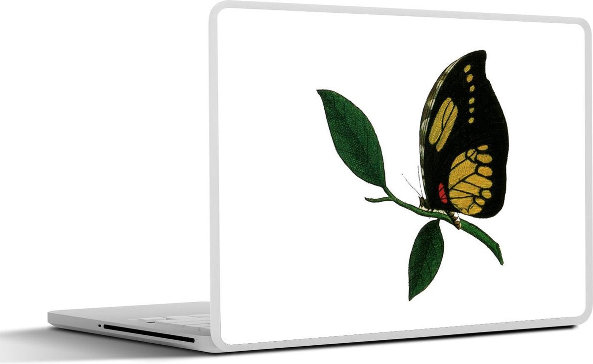 Laptop sticker - 10.1 inch - Illustratie van een geel met zwarte vlinder op een tak
