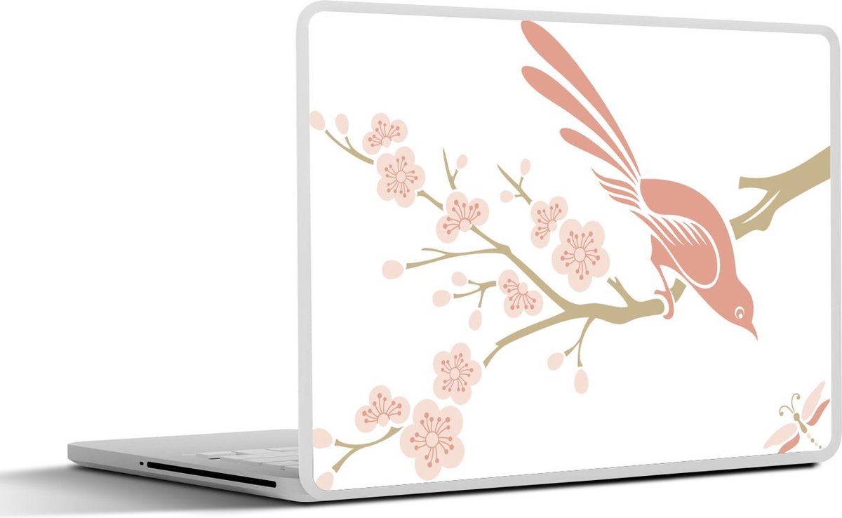 Laptop sticker - 10.1 inch - Illustratie van roze vogel op een kersenbloesem