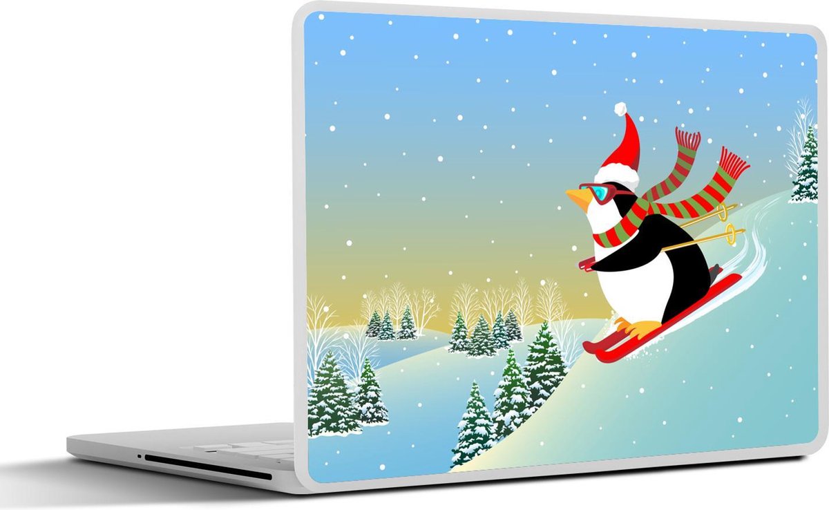 Laptop sticker - 10.1 inch - Illustratie van een pinguïn die van de berg af skiet