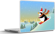 Laptop sticker - 10.1 inch - Illustratie van een pinguïn die van de berg af skiet