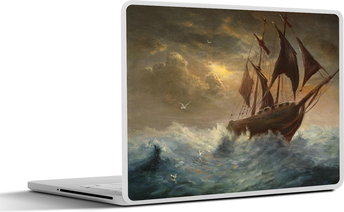 Laptop sticker - 10.1 inch - Illustratie van een zeilschip op de woeste golven