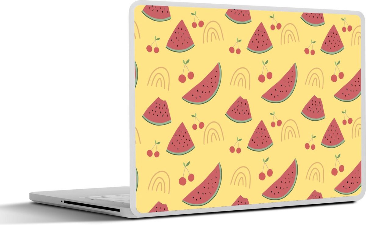 Laptop sticker - 10.1 inch - Abstracte meloenen en kersen op een gele achtergrond