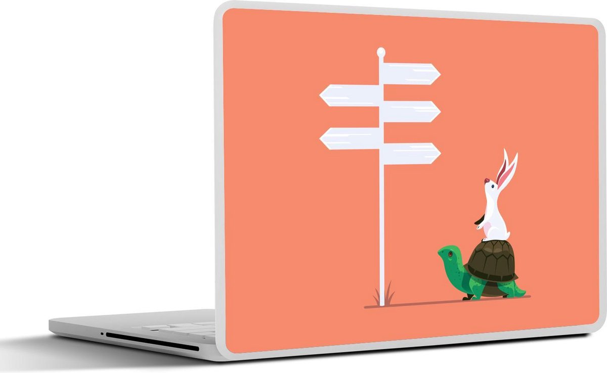 Laptop sticker - 10.1 inch - Illustratie van een konijn en een schildpad die de weg zoeken