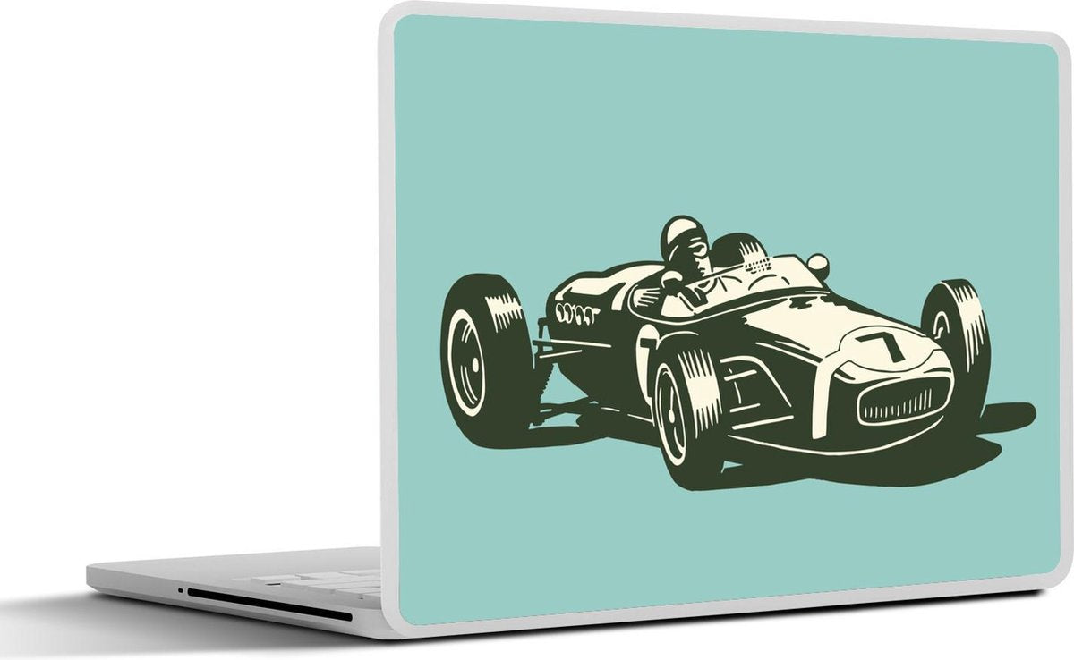 Laptop sticker - 10.1 inch - Illustratie van een race auto voor een blauwe achtergrond