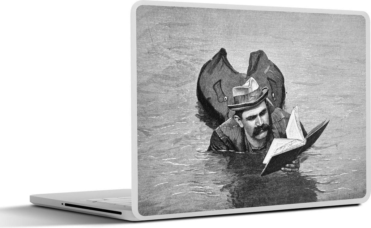 Laptop sticker - 10.1 inch - Absurde man leest boek in het water in zwart-wit