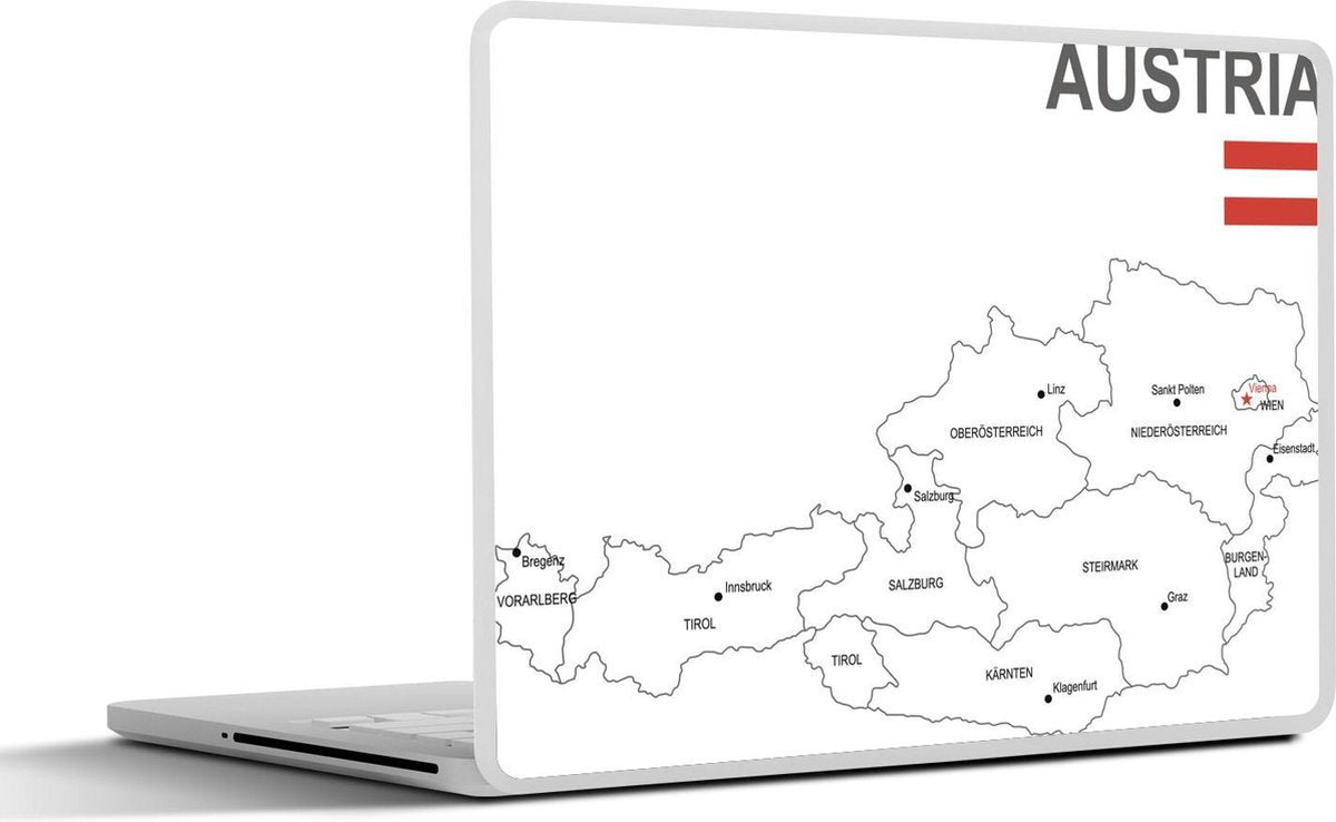 Laptop sticker - 10.1 inch - Illustratie van een witte kaart van Oostenrijk met de vlag van het land