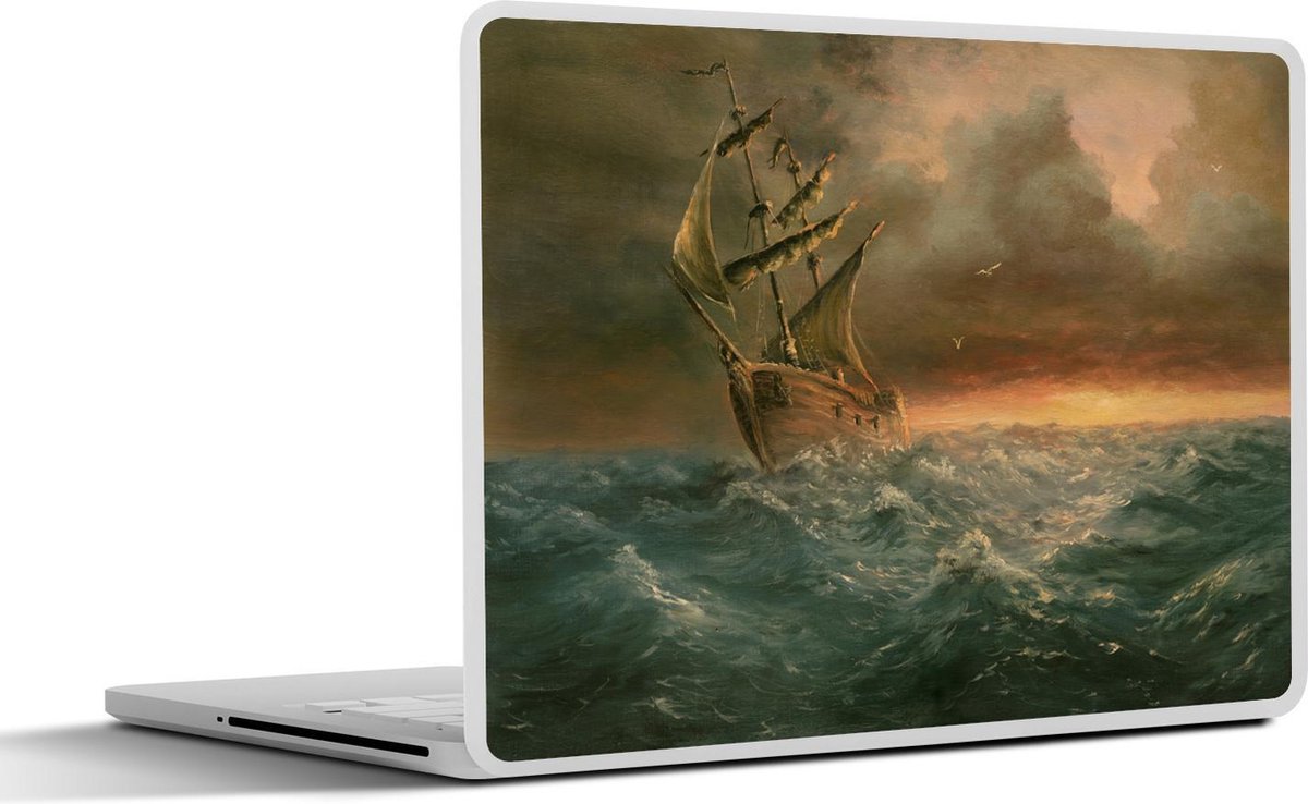 Laptop sticker - 10.1 inch - Illustratie van een zeilschip op de golven bij zonsondergang