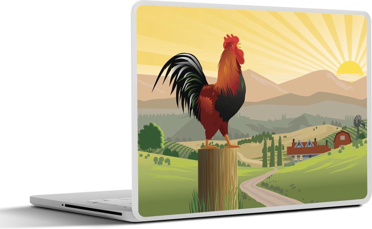 Laptop sticker - 10.1 inch - Illustratie van een haan bij zonsopkomst