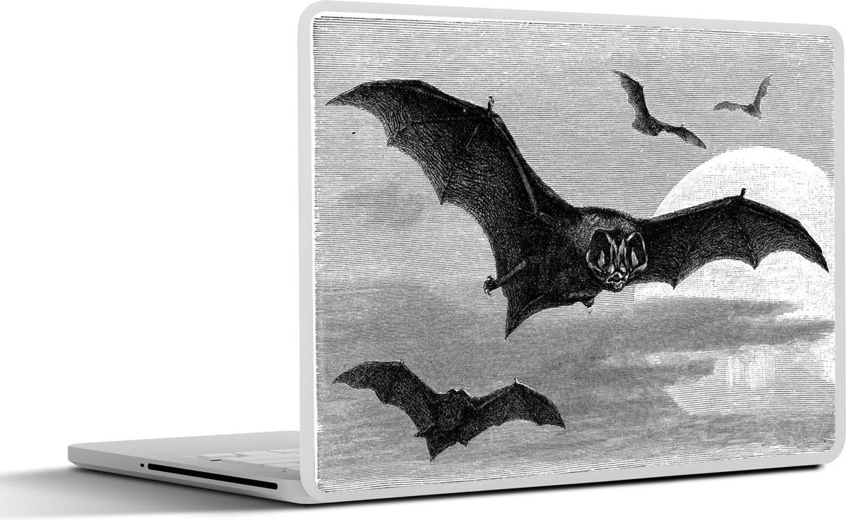 Laptop sticker - 10.1 inch - Illustratie van vier vleermuizen in de lucht in zwart-wit