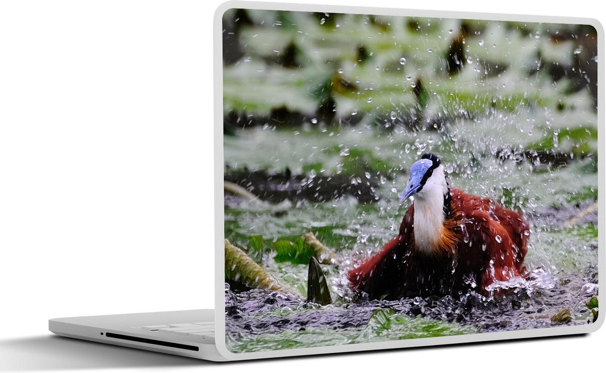 Laptop sticker - 10.1 inch - Afrikaanse jacana of lelieloper maakt zichzelf schoon met opspattend water