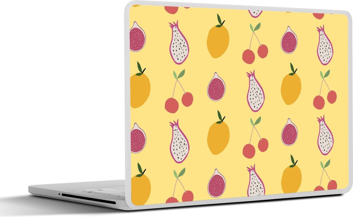 Laptop sticker - 10.1 inch - Abstracte verschillende soorten fruit met een gele achtergrond
