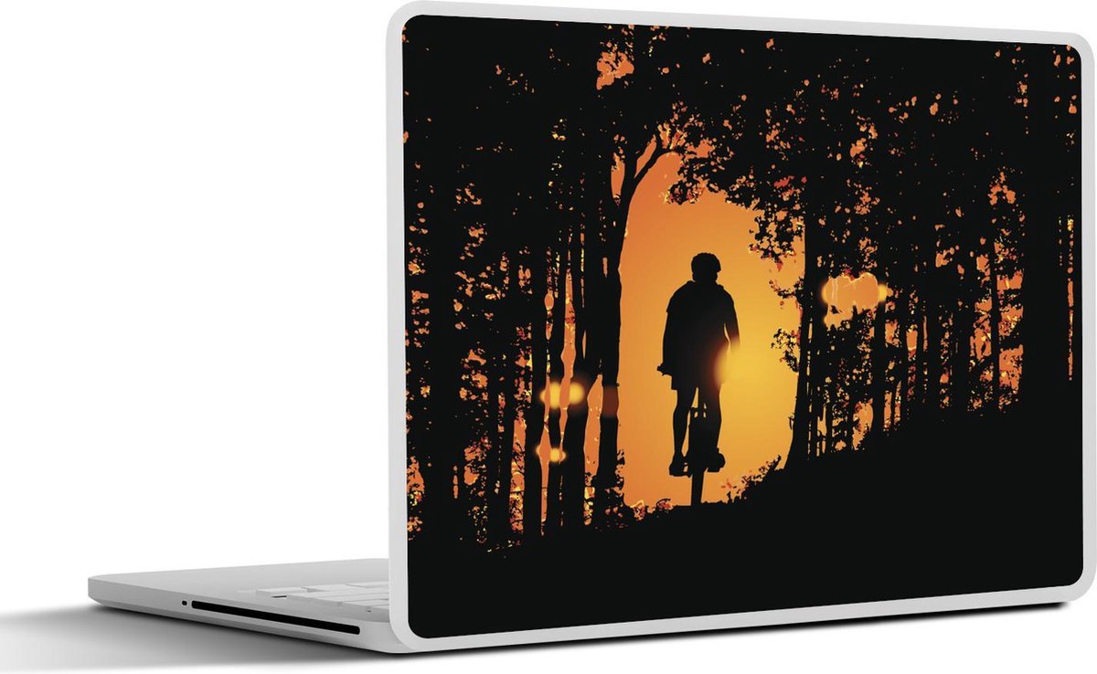 Laptop sticker - 10.1 inch - Illustratie van een silhouet van een man op een mountainbike met een zonsondergang