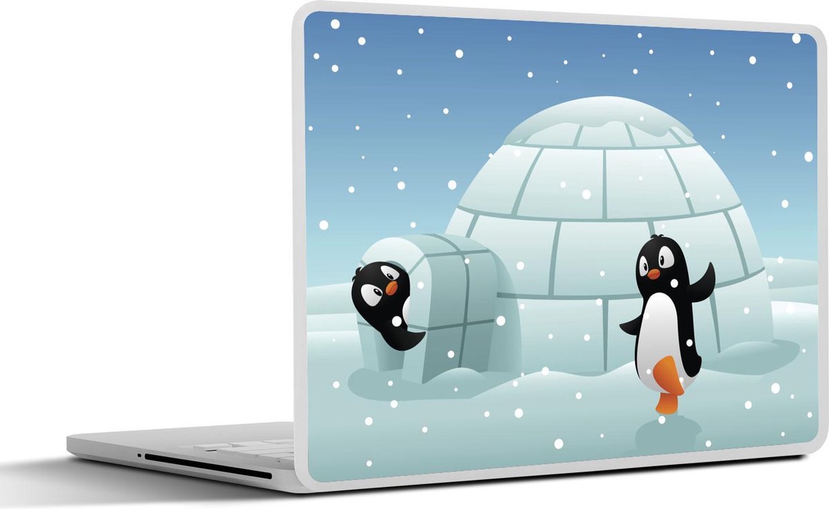 Laptop sticker - 10.1 inch - Illustratie van twee spelende pinguïns en een iglo