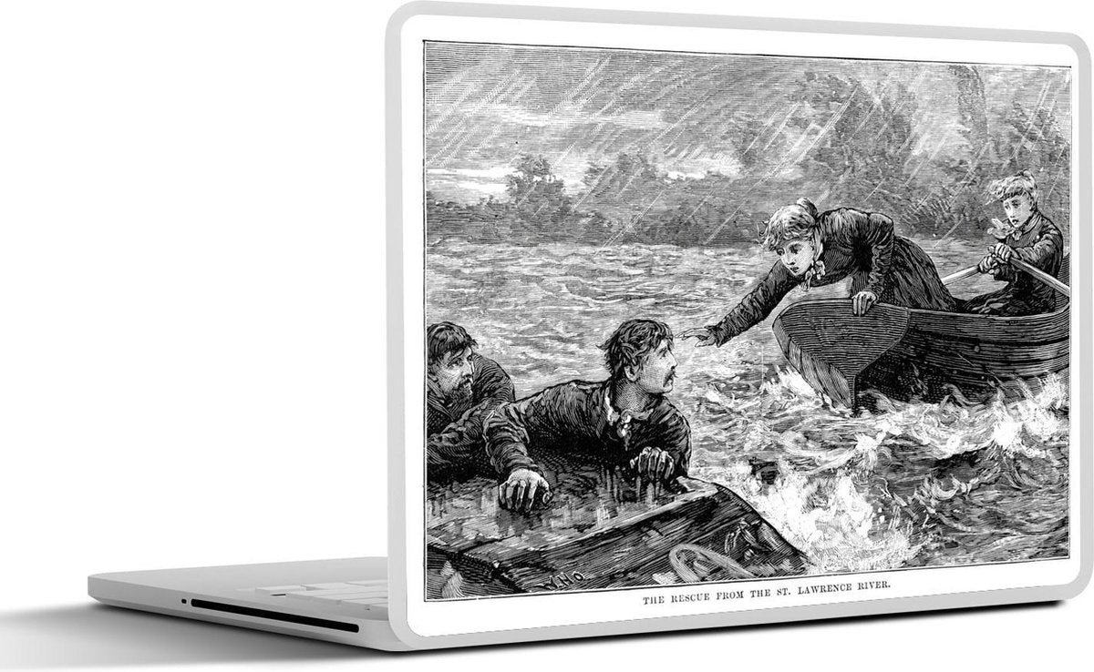 Laptop sticker - 10.1 inch - Illustratie van mensen die anderen proberen te redden met een reddingsboot