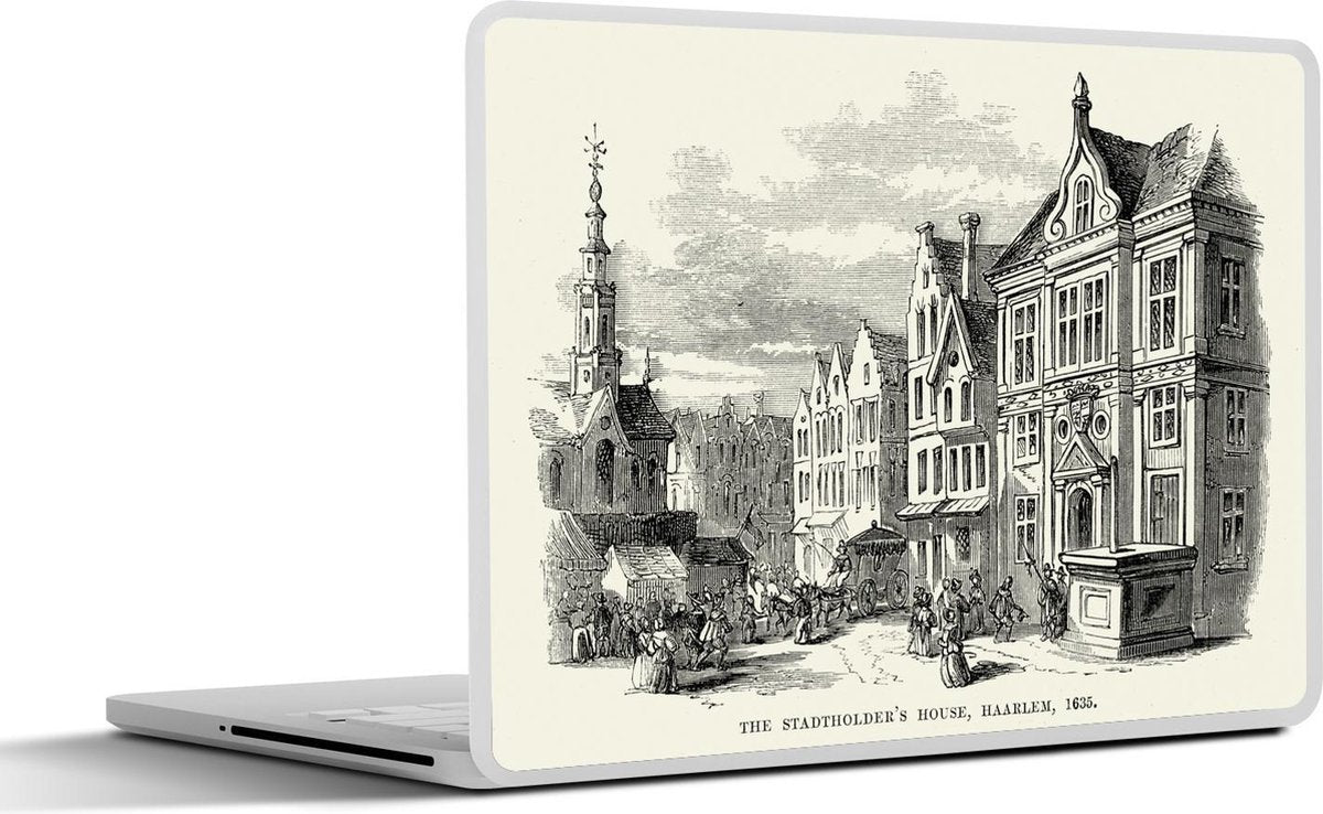 Laptop sticker - 10.1 inch - Illustratie van het stadhuis in Haarlem in zwart-wit