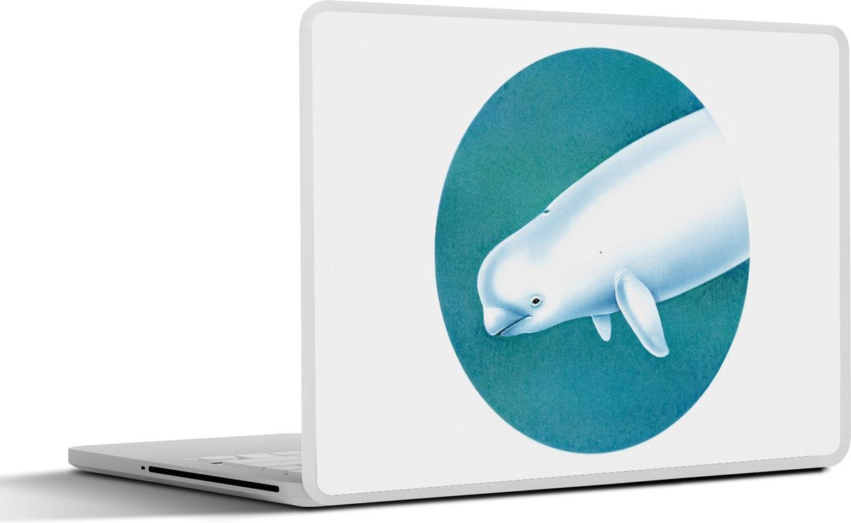 Laptop sticker - 10.1 inch - Illustratie van een witte dolfijn in een blauwe cirkel