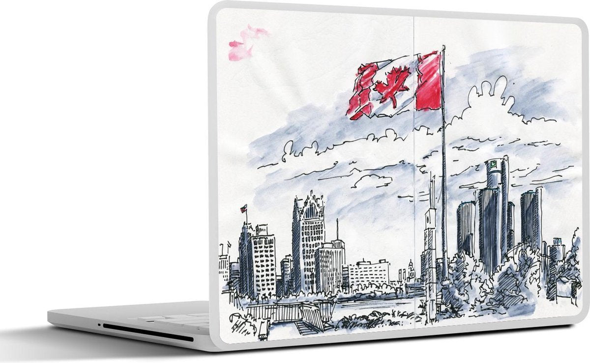 Laptop sticker - 10.1 inch - Illustratie van een Canadese vlag voor de skyline van Detroit