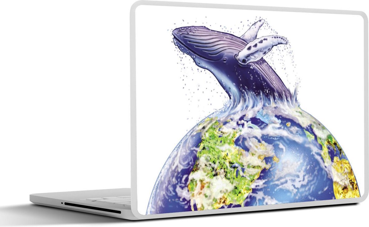 Laptop sticker - 10.1 inch - Illustratie van een bultrug die van een wereldbol springt