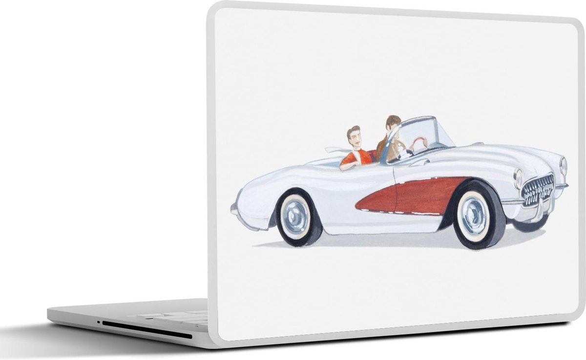 Laptop sticker - 10.1 inch - Illustratie van twee passagiers in een open Chevrolet Corvette sportauto uit de jaren '50