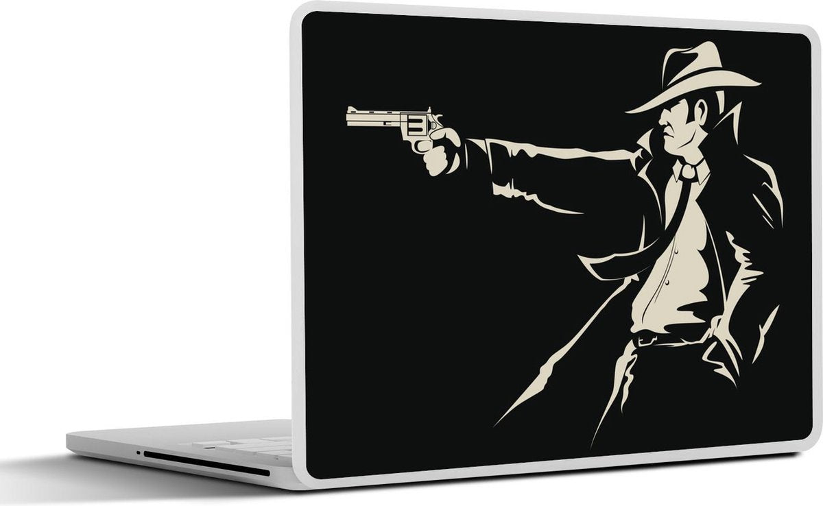 Laptop sticker - 10.1 inch - Illustratie van een maffialid met een pistool op een zwarte achtergrond