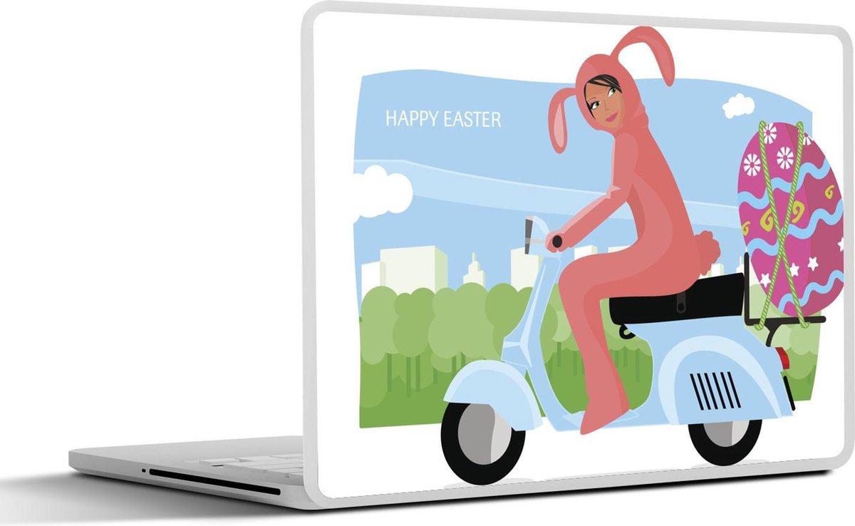 Laptop sticker - 10.1 inch - Illustratie van een verklede paashaas op een Vespa