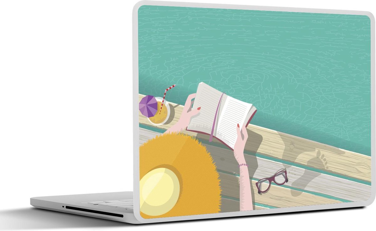 Laptop sticker - 10.1 inch - Illustratie van een vrouw die bij het water leest