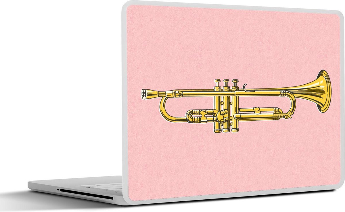 Laptop sticker - 10.1 inch - Illustratie van een trompet op een roze achtergrond