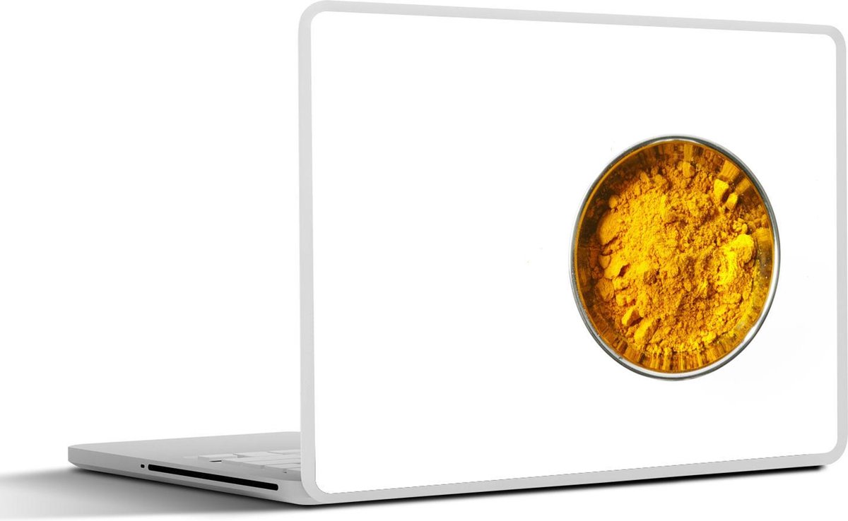 Laptop sticker - 10.1 inch - Afbeelding van kerriepoeder in een pan op witte achtergrond